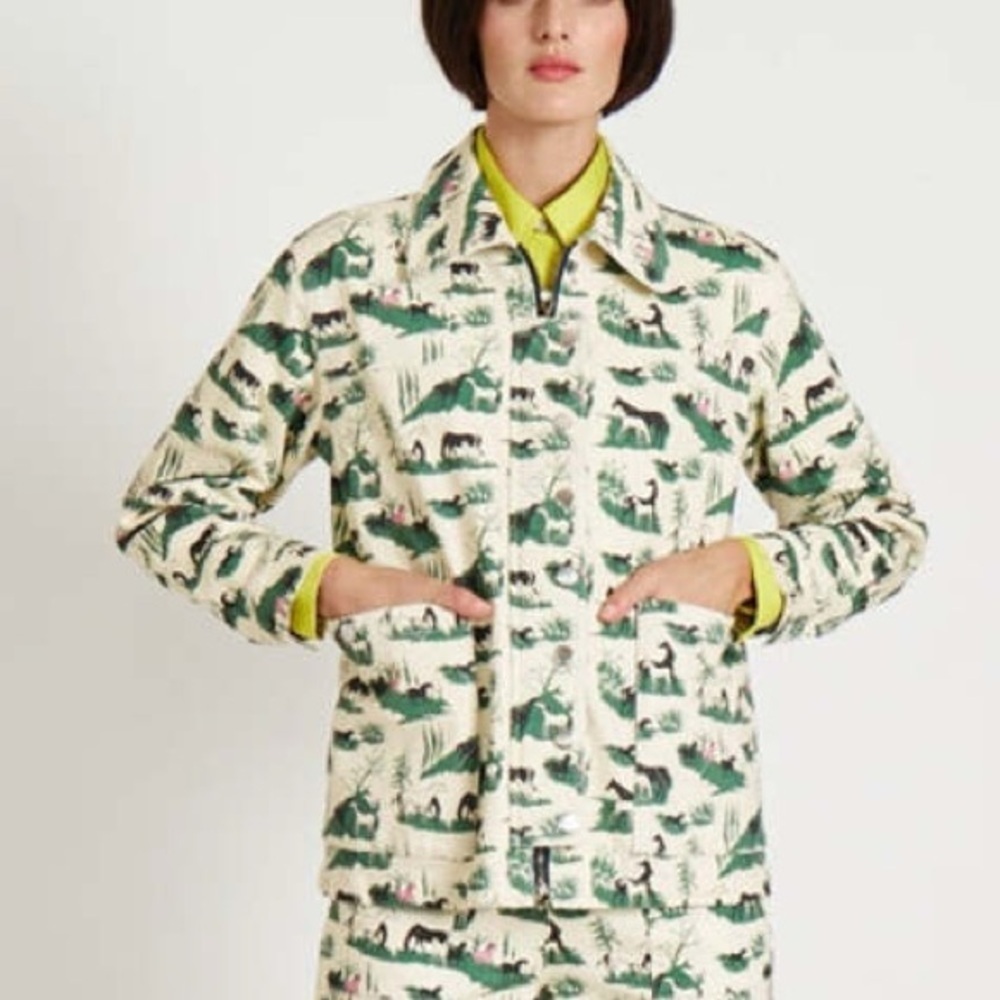 Rachel Antonoff Green Cream LIZZIE Horse Jacket XS elbow patches cotton unlined